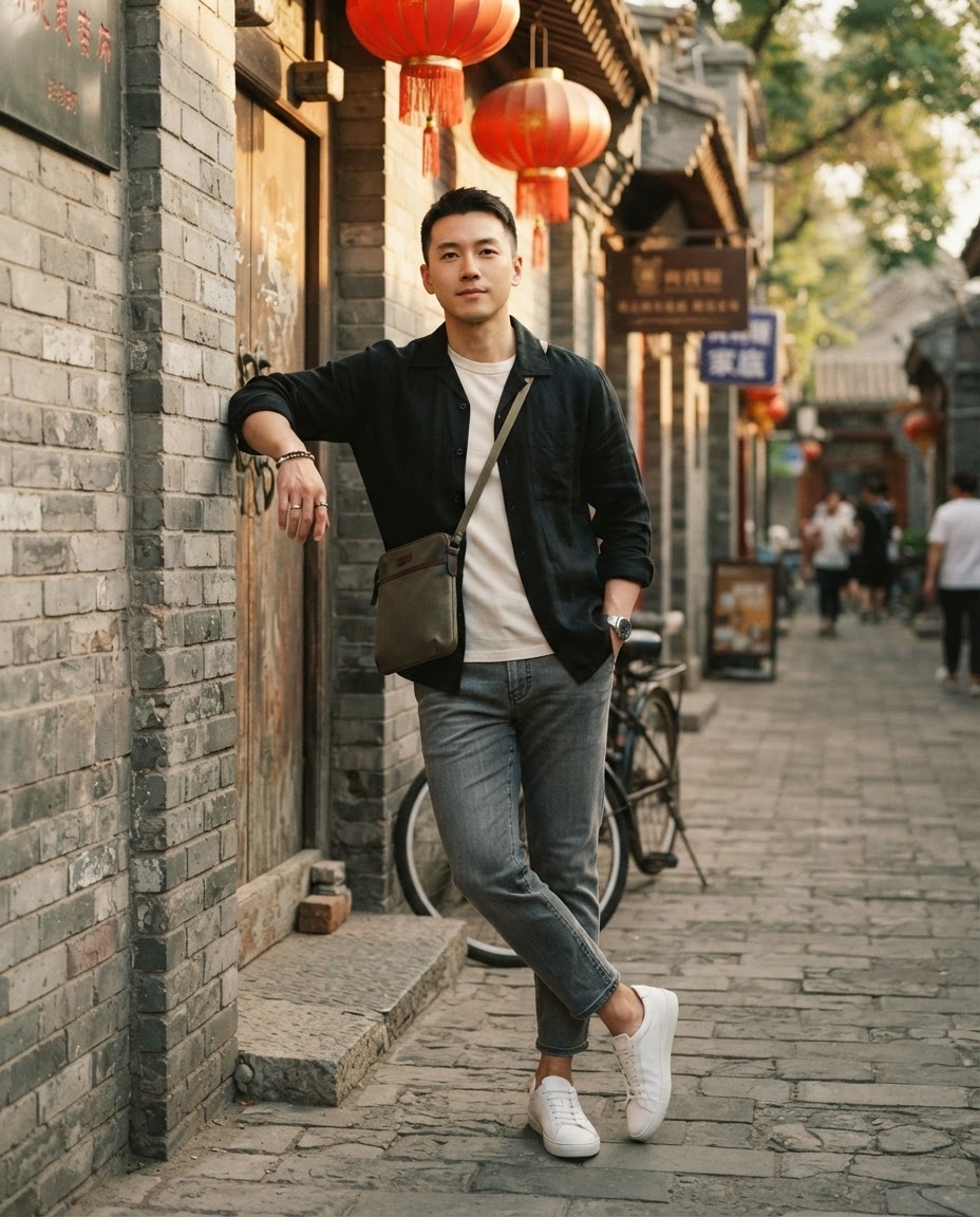 SKIPIKS AI 패션 화보 — casual, minimalist — 기본적인 컬러 조합이 매력적인 심플하면서도 세련된 캐주얼룩입니다. 네이비 셔츠에 흰 티셔츠를 레이어드하고, 연청색 청바지와 흰 스니커즈로 편안한