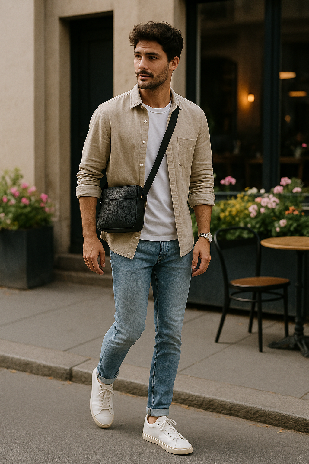 SKIPIKS AIファッション写真 — minimalist, casual — ベージュのシャツとホワイトのTシャツの組み合わせが自然で柔らかなムードを演出します。ジーンズとホワイトスニーカーを合わせて、快適でありながら洗練されたカジュアル