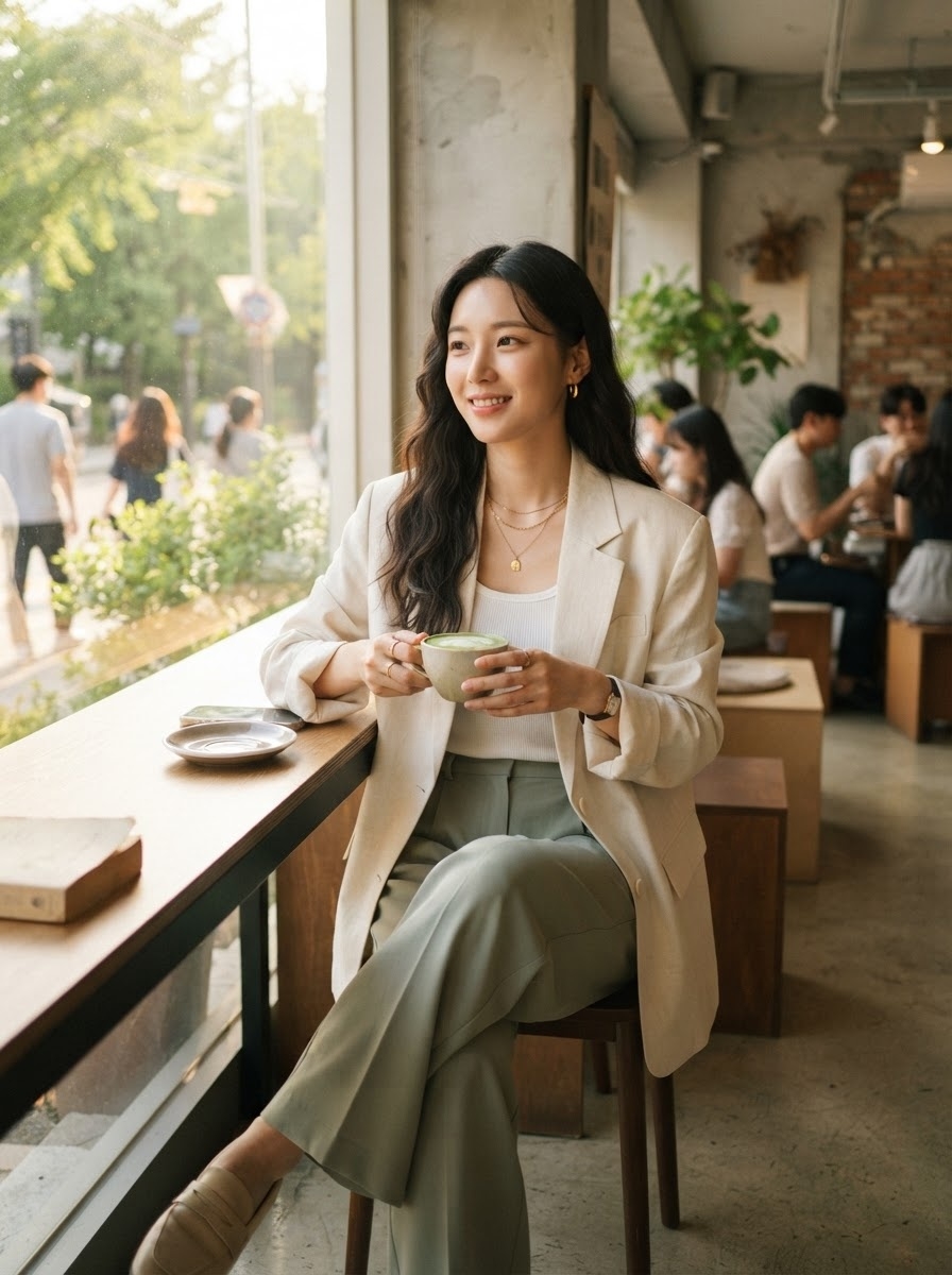 SKIPIKS AI时尚大片 — minimalist, chic — 米色西装外套与薄荷色裤子的搭配营造出优雅的氛围。搭配白色背心和金色配饰，增添干净而奢华的感觉。推荐作为日常办公室装扮，适合轻松的通勤。