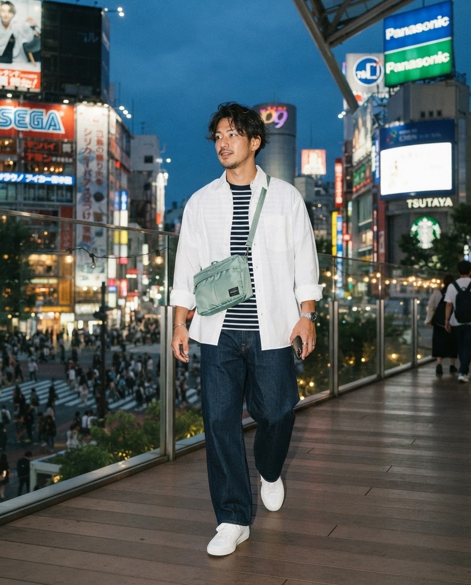 SKIPIKS AI 패션 화보 — casual, urban — 편안한 무드의 여름 캐주얼 룩입니다. 스트라이프 티셔츠에 화이트 셔츠를 매치하여 청량감과 함께 심플함이 돋보여요. 데님 팬츠와 화이트 스니커즈로