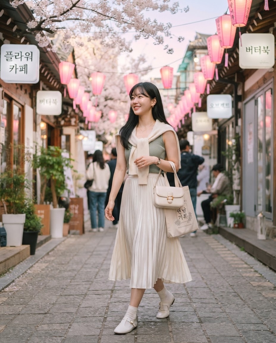 SKIPIKS AI 패션 화보 — feminine, classic — 부드러운 파스텔 톤의 니트와 플리츠 스커트가 어우러져 봄날의 산뜻한 무드를 자아냅니다. 적당히 루즈한 니트를 어깨에 걸쳐 스타일리시하게 연출하고
