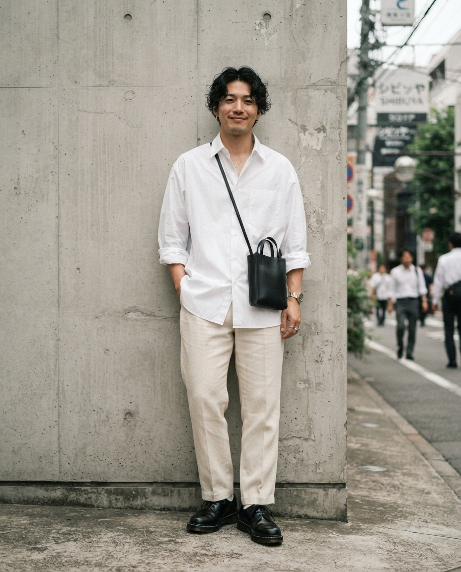 SKIPIKS AI 패션 화보 — minimalist, modern — 깔끔하고 세련된 무드가 돋보이는 룩입니다. 화이트 셔츠와 베이지 팬츠의 조화가 고급스러운 느낌을 주며, 블랙 악세서리로 포인트를 줬어요. 데일리
