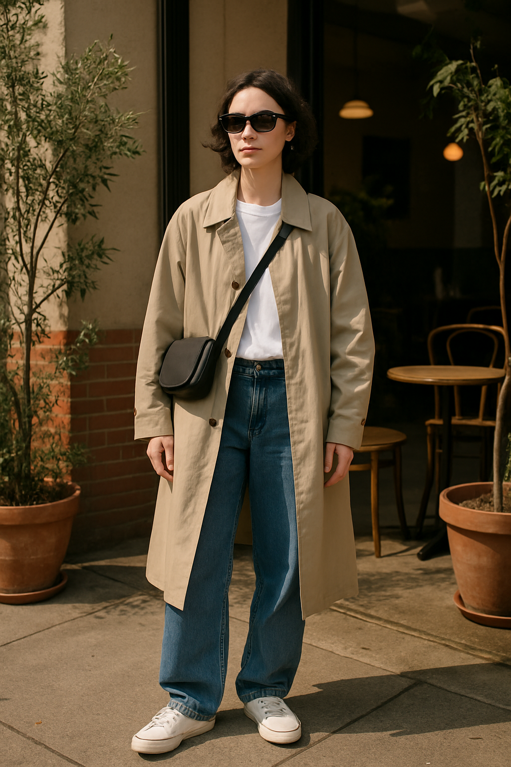 SKIPIKS AIファッション写真 — minimalist, casual — ベージュのトレンチコートとホワイトTシャツの組み合わせは、クラシックでありながらモダンな雰囲気を演出します。快適なジーンズとホワイトスニーカーを合わせて、デイリ