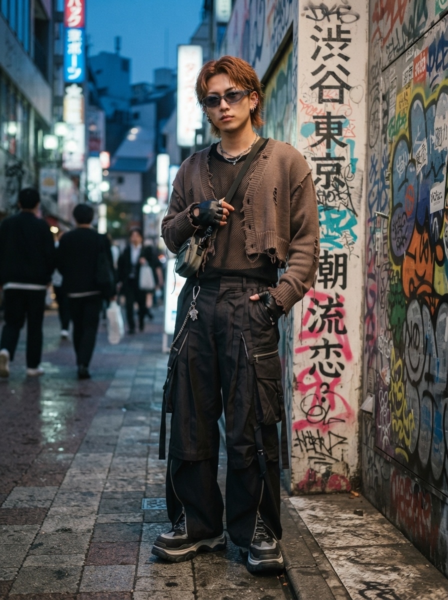 SKIPIKS AI fashion editorial — streetwear, grunge, edgy — This outfit captures a vintage mood with a rugged street vibe. The torn brown ca