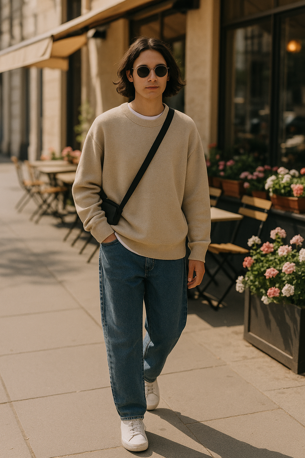 SKIPIKS AI 패션 화보 — minimalist, casual — 베이지 니트 스웨터와 데님이 어우러져 편안하면서도 세련된 느낌을 자아내는 룩입니다. 간결한 크로스백과 스니커즈로 실용성을 더해 보세요. 가벼운 