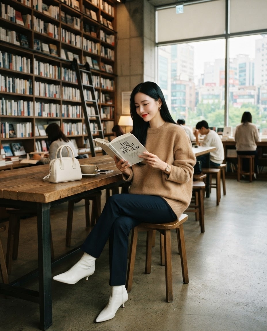 SKIPIKS AI 패션 화보 — minimalist, feminine, elegant — 베이지 니트 스웨터와 네이비 슬랙스의 조화가 우아하면서도 세련된 분위기를 완성합니다. 화이트 하이 앵클 부츠로 스타일 포인트를 주며, 크림색 핸