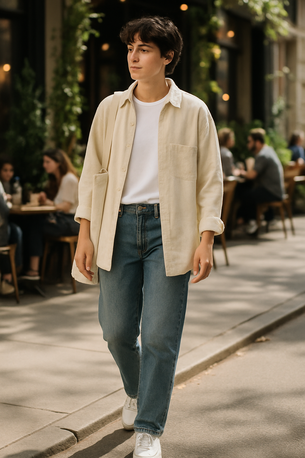 SKIPIKS AI 패션 화보 — casual, minimalist — 베이지 셔츠와 청바지의 조합이 캐주얼하면서도 편안한 무드를 연출합니다. 흰색 티셔츠와 스니커즈로 깔끔하게 마무리해보세요. 여름철 데일리룩으로 추
