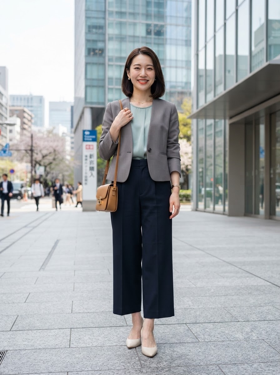 SKIPIKS AI 패션 화보 — minimalist, office — 깔끔하고 세련된 봄날의 오피스룩으로 가벼운 회색 재킷이 포인트를 줍니다. 민트색 블라우스와 네이비 슬랙스로 차분하면서도 시원한 느낌을 완성하세요