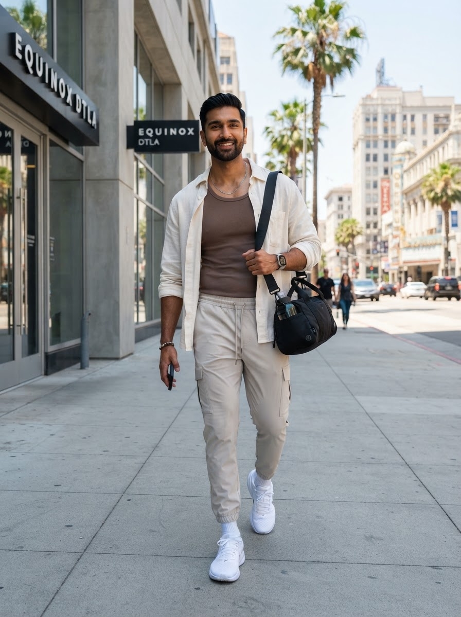 SKIPIKS AI 패션 화보 — smartcasual, athleisure — 베이지 컬러의 조화로 세련된 무드를 띄울 수 있는 룩이에요. 브라운 톤의 슬리브리스 탑과 셔츠의 조합으로 자연스럽고 여유 있는 실루엣을 완성하세