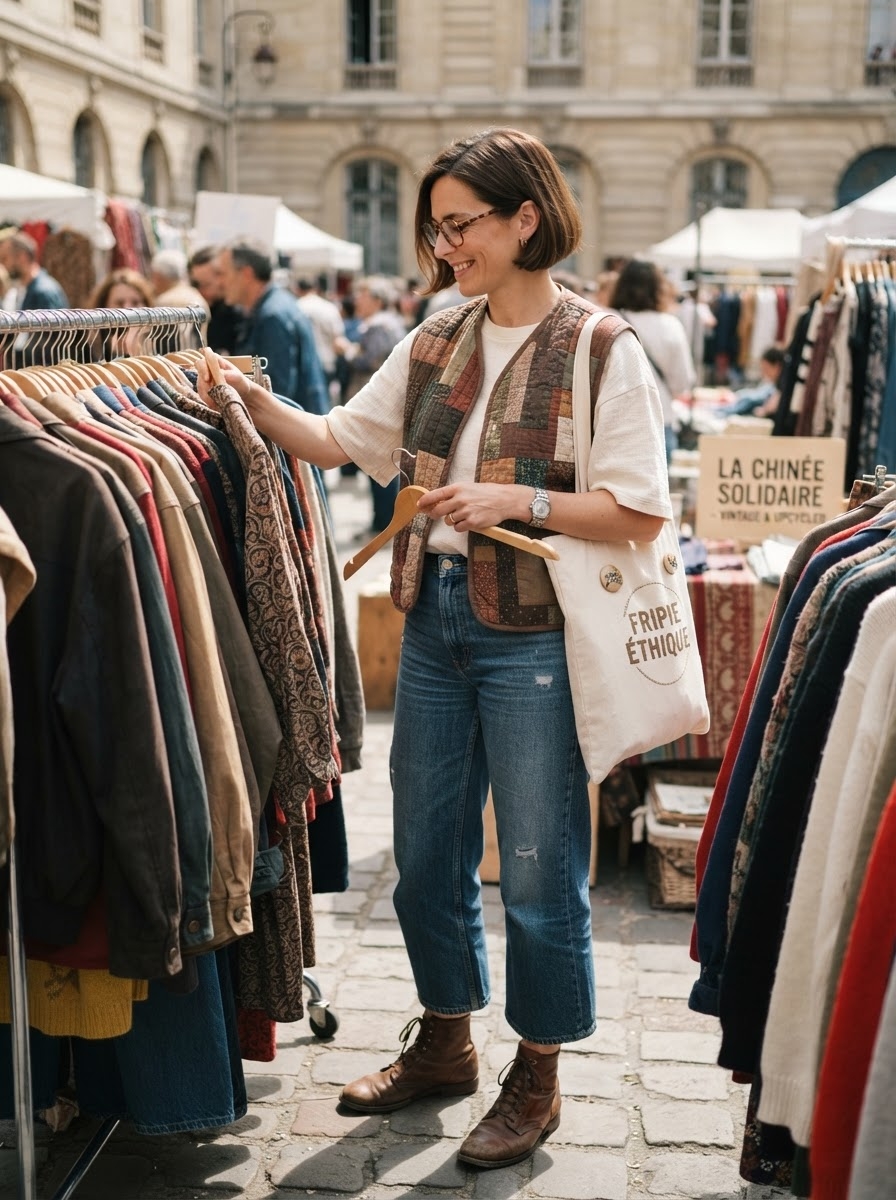 SKIPIKS AI fashion editorial — vintage, casual, bohemian — This comfortable casual look features a vintage quilted vest as the focal point.