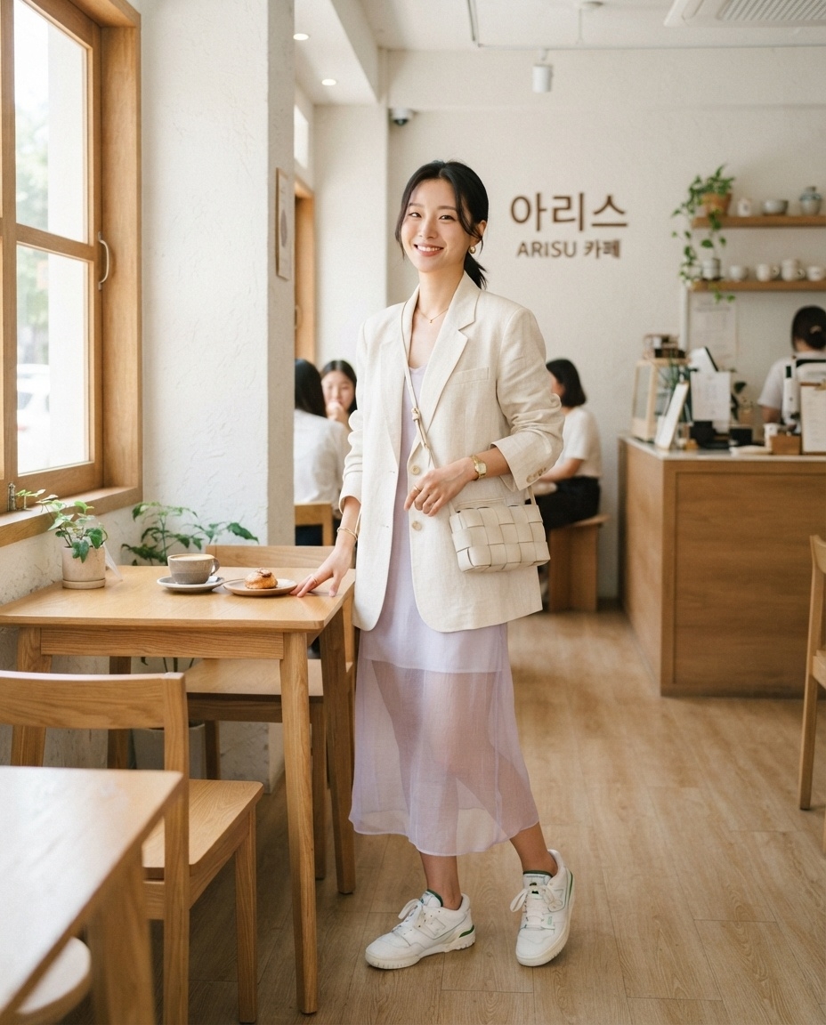SKIPIKS AIファッション写真 — feminine, casual — ベージュのブレザーとホワイトのシフォンワンピースで爽やかな春の雰囲気を演出しています。スニーカーでカジュアルさをプラスし、クリームカラーのショルダーバッグでさり