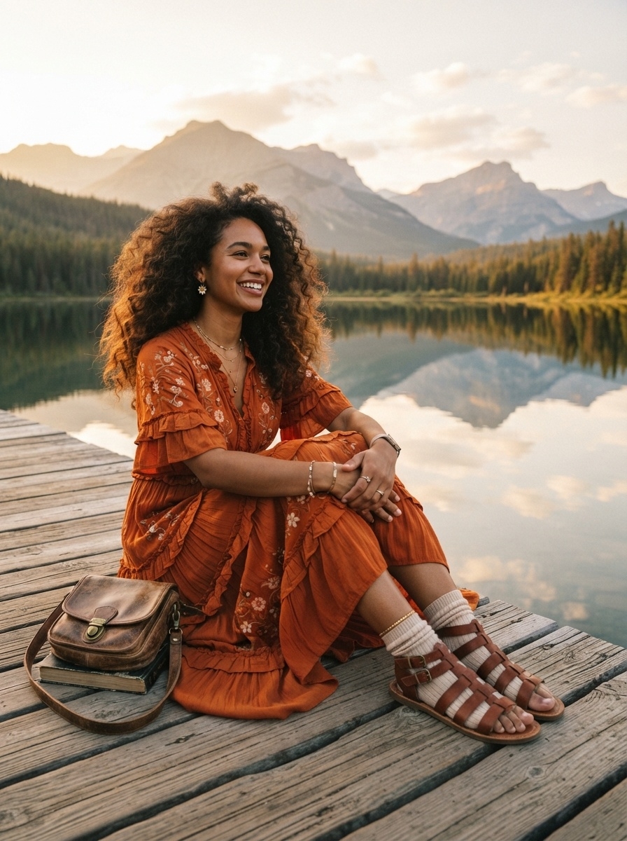 SKIPIKS AIファッション写真 — bohemian, vintage, feminine — 自然の中で華やかに輝くボヘミアンムードの刺繍入りロングドレスが際立っています。イヤリングとブラウンストラップサンダルで快適かつスタイリッシュなルックを完成させま