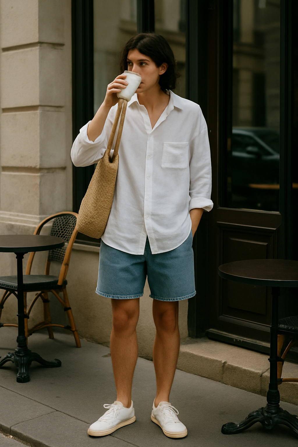 SKIPIKS AIファッション写真 — minimalist, casual — ホワイトシャツとデニムショーツの組み合わせで、清潔感のある軽やかな夏の雰囲気を演出しましょう。ラタンバッグを合わせてバケーション感をプラスし、ホワイトスニーカー