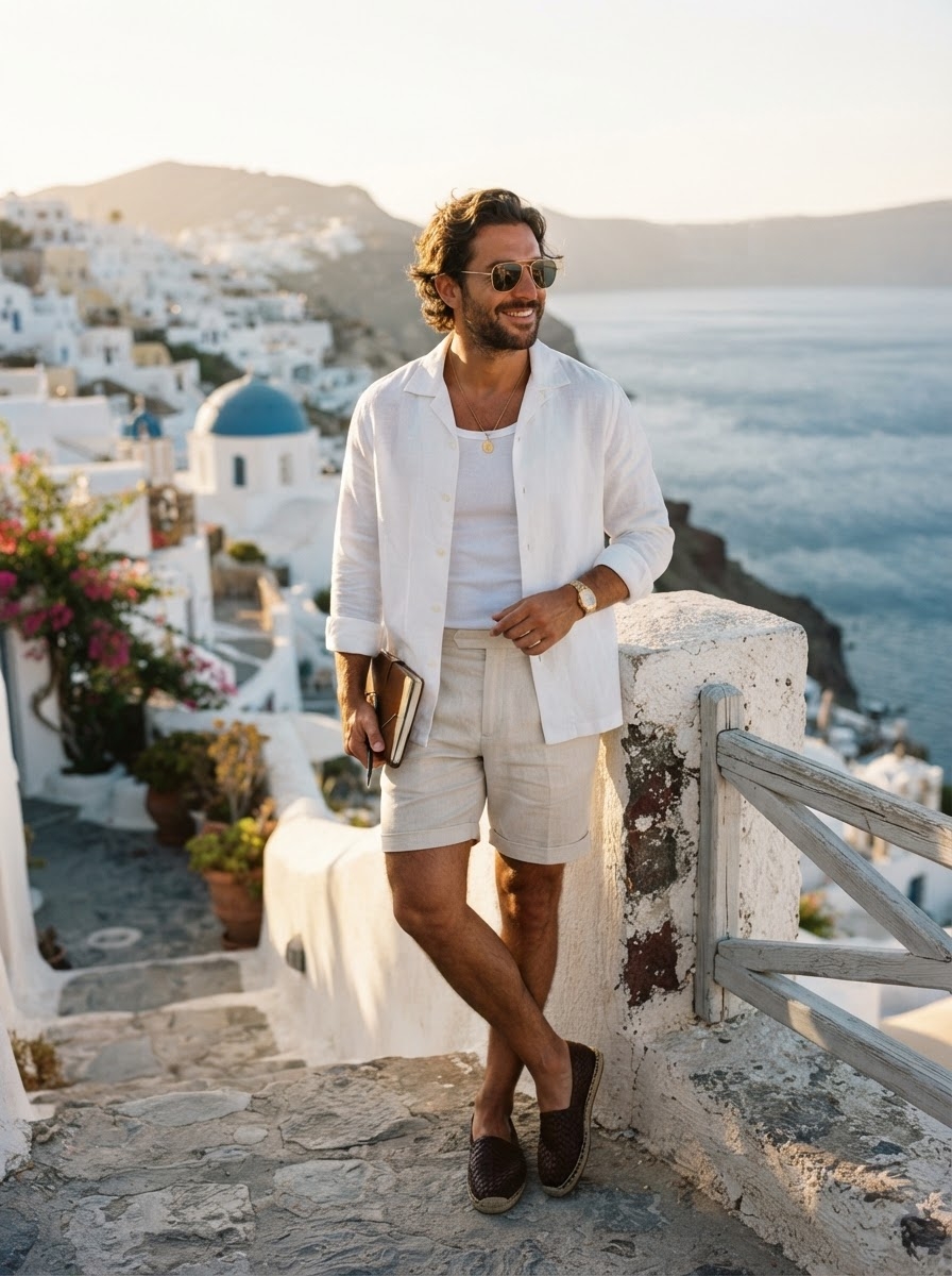 SKIPIKS AI时尚大片 — minimalist, vacation — 这套搭配以白衬衫和米色短裤为主，散发出适合夏季度假的清凉与时尚气息。搭配项链和太阳镜作为配饰，更显风格。推荐作为度假或外出的日常造型。