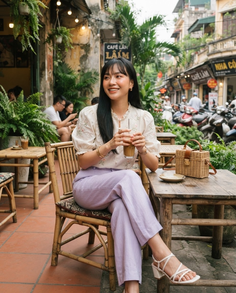 SKIPIKS AI 패션 화보 — feminine, chic, bohemian — 라벤더 팬츠와 아이보리 블라우스가 만나 상큼하면서도 로맨틱한 무드를 연출해보세요. 시원한 화이트 샌들과 라탄 백으로 여름의 청량함을 더해 스타일
