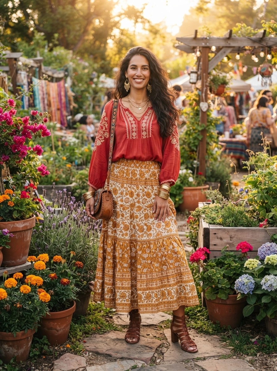 SKIPIKS AI 패션 화보 — bohemian, vintage, feminine — 자연 속에서 온듯한 보헤미안 감성을 살린 룩이에요. 레드 블라우스와 플로럴 패턴 롱 스커트의 혼합은 가을날의 정취를 멋지게 담아냅니다. 플랫 샌