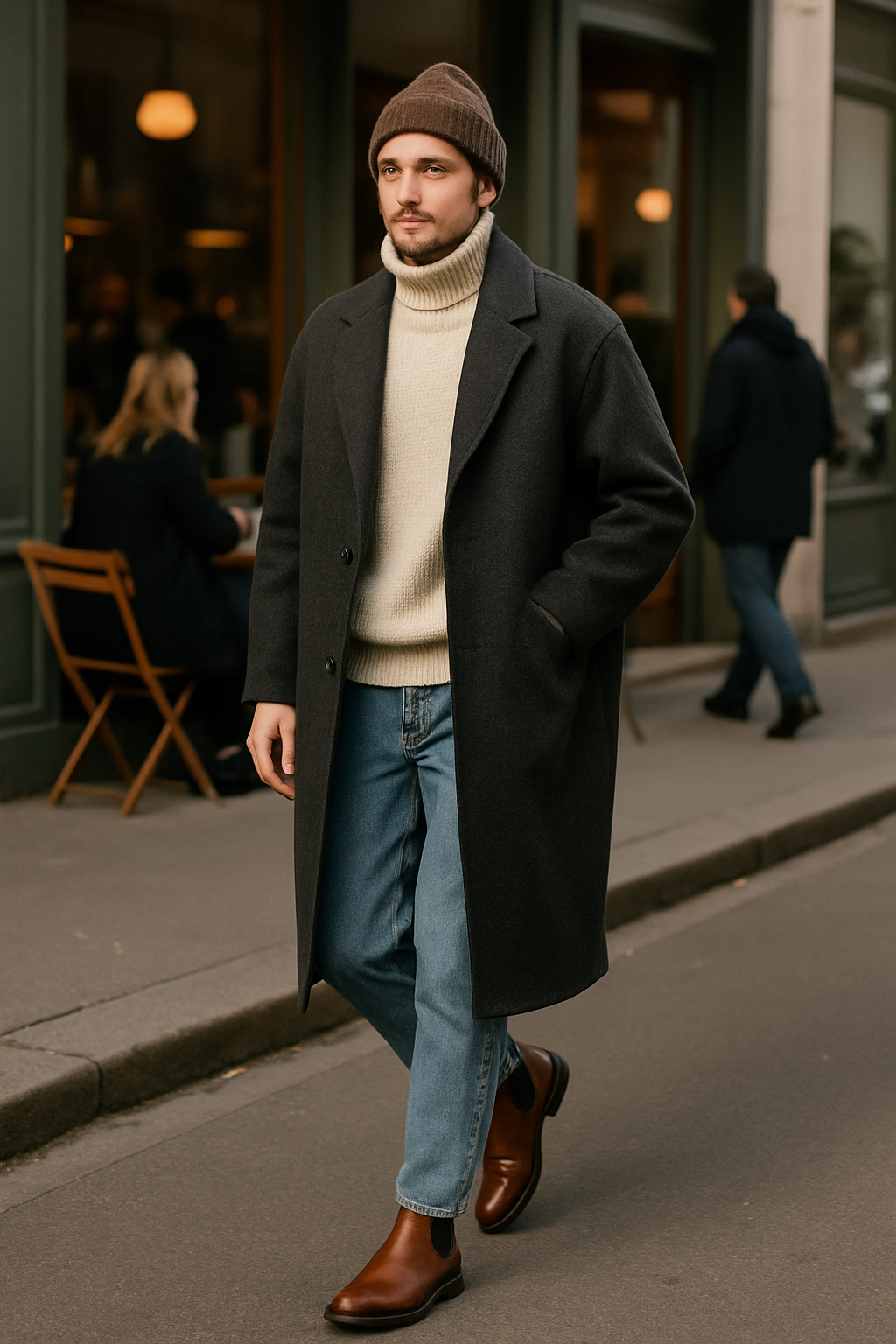 SKIPIKS AI fashion editorial — minimalist, urban — This look features a long coat paired with a cream turtleneck sweater, adding a 