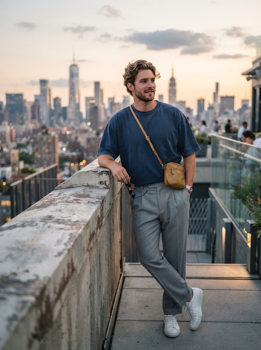 SKIPIKS AIファッション写真 — minimalist, casual — ネイビーとグレーの調和が際立つ洗練されたルックです。軽やかなTシャツとリラックスフィットのパンツで快適なスタイルを演出してください。クロスボディバッグとサングラ