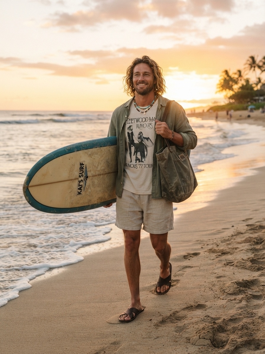 SKIPIKS AI fashion editorial — casual, beach — A comfortable cream band t-shirt and khaki shirt blend seamlessly to create a re