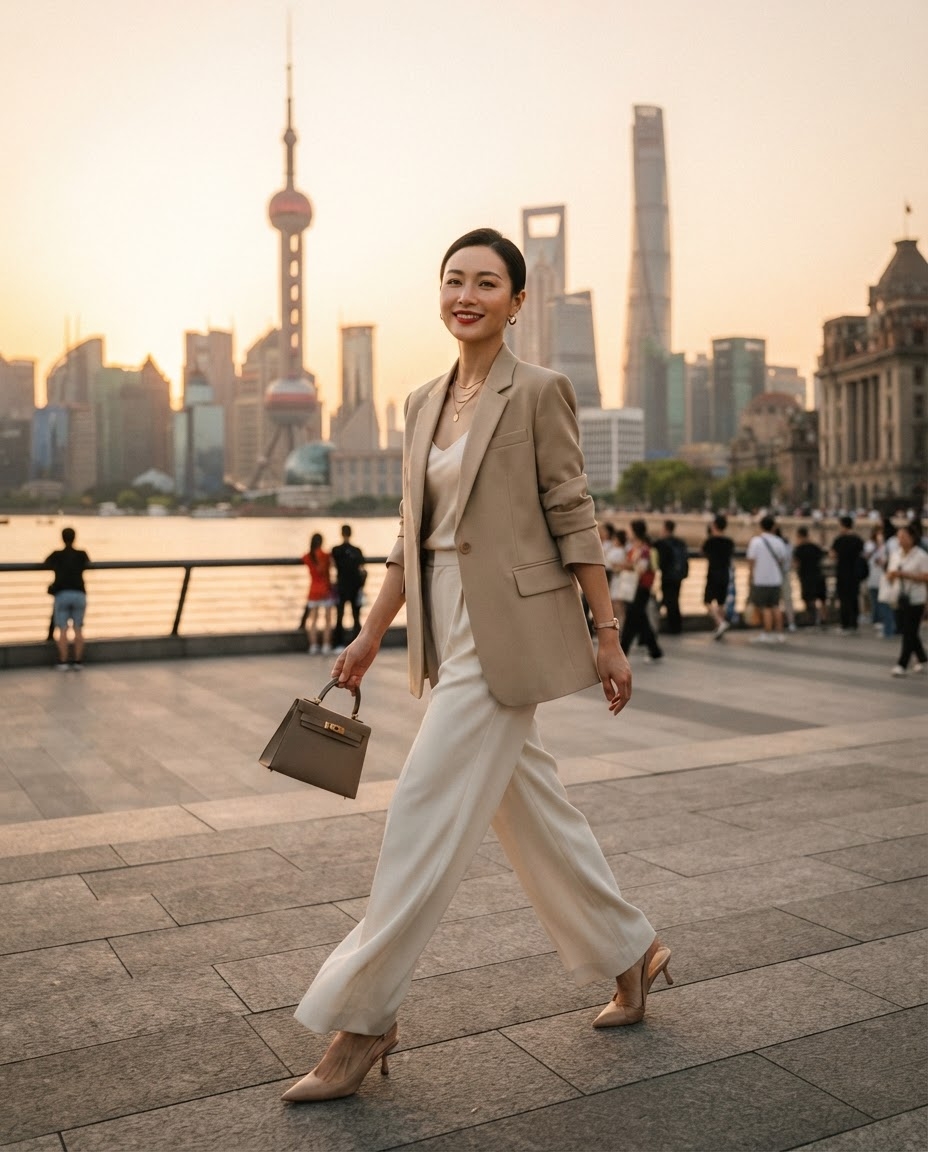 SKIPIKS AI时尚大片 — chic, business — 这套造型以米色西装外套和奶油色裤子搭配，营造出优雅的氛围。用米色或裸色高跟鞋强调干净的线条，再用小巧的棕色手袋增添亮点。无论是办公室还是正式场合都非常合适。