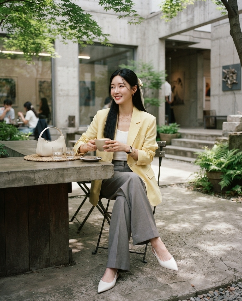 SKIPIKS AI 패션 화보 — chic, classic, modern — 옐로우 블레이저와 그레이 슬랙스가 만나 상큼하면서도 세련된 분위기를 연출합니다. 화이트 악세서리로 부드러운 포인트를 주며 봄에 어울리는 시원한 
