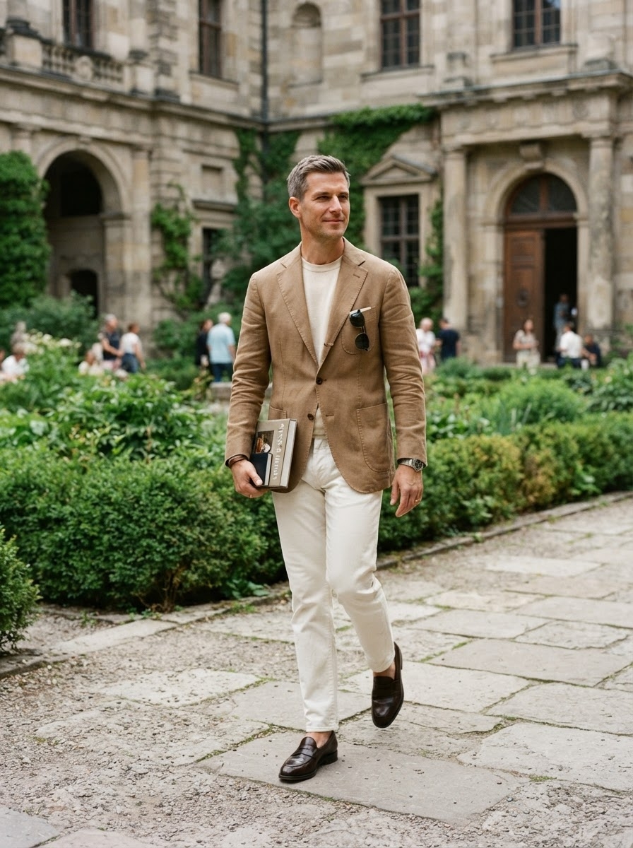 SKIPIKS AI 패션 화보 — smartcasual, preppy, minimalist — 브라운 블레이저와 크림색 티셔츠의 조화가 세련된 감각을 전해주는 룩이에요. 화이트 팬츠와 브라운 로퍼로 깔끔함을 더해 스타일리시하게 완성됩니다.