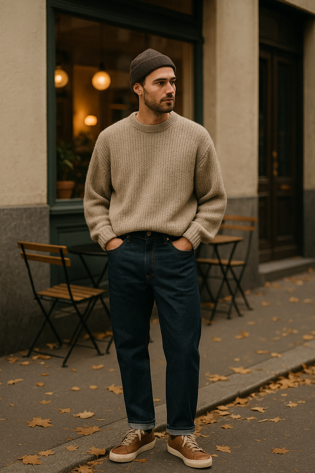 SKIPIKS AI 패션 화보 — casual, vintage, streetwear — 니트 스웨터와 청바지가 어우러져 따뜻한 가을 감성을 자아내요. 베이지와 네이비의 조화가 캐주얼하면서도 세련된 느낌을 줍니다. 브라운 비니와 스니