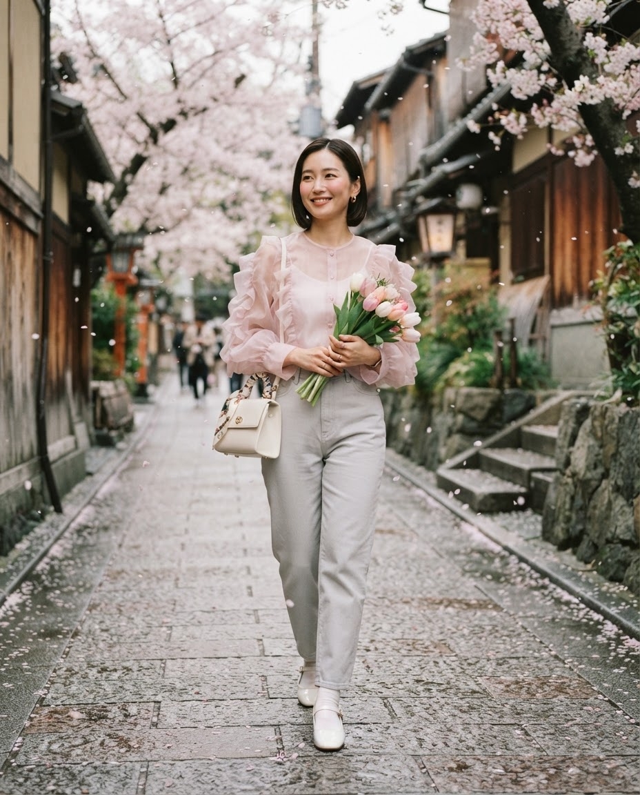 SKIPIKS AIファッション写真 — feminine, romantic — 鮮やかなピンクのブラウスとホワイトパンツの組み合わせが、春の花道を歩いているかのようなロマンティックなムードを演出します。ブラウスのラッフルディテールが女性らし