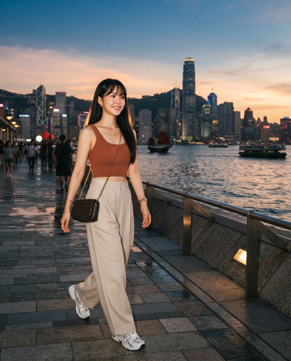 SKIPIKS AI 패션 화보 — casual, comfortable — 브라운 나시 탑과 베이지 와이드 팬츠의 조합으로 시원하면서도 세련된 여름 무드를 연출해보세요. 여기에 화이트 운동화로 발랄한 포인트를 더하면 캐