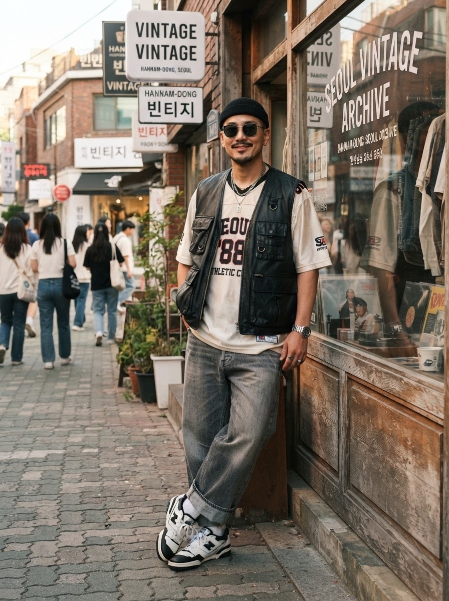 SKIPIKS AI 패션 화보 — streetwear, vintage, casual — 이 룩은 빈티지한 무드와 스트리트 감성이 조화롭게 어우러진 스타일입니다. 아이보리 컬러의 티셔츠에 검정 베스트를 레이어드하여 캐주얼하고 유니크한