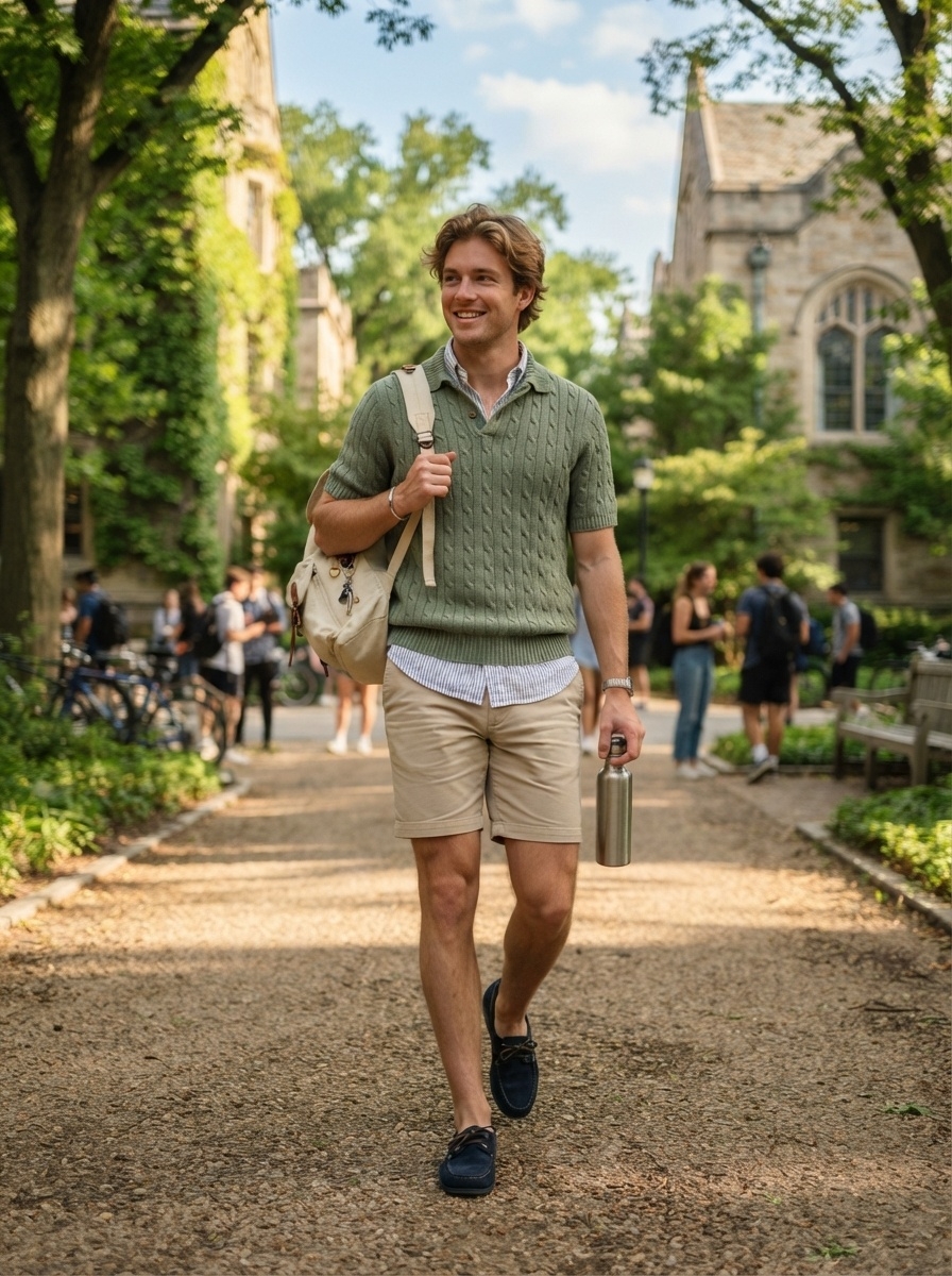 SKIPIKS AI时尚大片 — casual, preppy — 卡其色的针织套头衫与米色短裤搭配，展现出清爽而时尚的校园氛围。叠穿衬衫可以增添整洁而休闲的感觉。推荐适合夏季大学生活的风格。