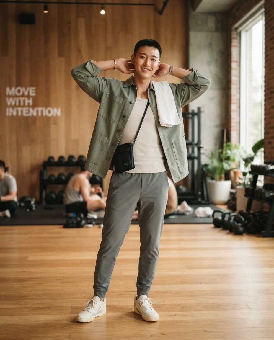 SKIPIKS AI 패션 화보 — casual, modern — 카키 셔츠 자켓과 베이지 헨리넥 티셔츠가 어우러져 세련되면서도 편안한 무드를 연출합니다. 그레이 조거 팬츠와 운동화로 캐주얼한 분위기를 더해 일
