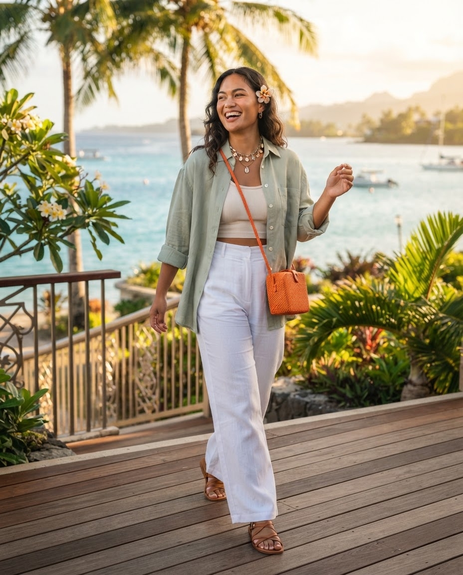SKIPIKS AI 패션 화보 — casual, vacation, bohemian — 밝고 화사한 여름룩으로 자연스러운 캐주얼 무드를 연출해보세요. 민트 색상의 셔츠와 베이지 크롭탑의 조합이 따뜻한 날씨에 잘 어울립니다. 주황색 