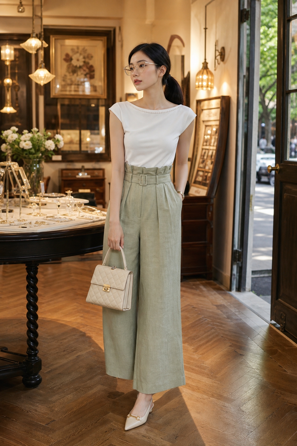 SKIPIKS AI时尚大片 — minimalist, chic — 一件迷人的白色上衣搭配柔和的浅绿色亚麻裤，营造出清爽的夏日氛围。搭配一款米色经典包和细带鞋，打造简约而优雅的造型。这种风格非常适合夏季日常穿搭或休闲聚会。