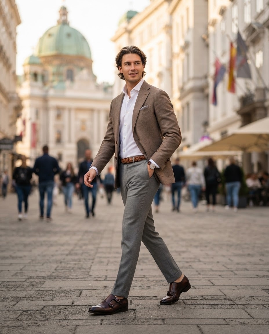 SKIPIKS AI 패션 화보 — classic, formal, sophisticated — 세련된 클래식 무드가 돋보이는 룩으로, 슈트와 같은 깔끔한 실루엣이 주요 포인트입니다. 재킷과 슬랙스 조합에 화이트 셔츠를 매치해 언제나 고급스