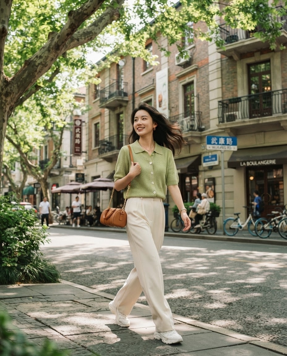 SKIPIKS AI fashion editorial — casual, chic — This stylish look features a mint green knit cardigan as the focal point. Pair i
