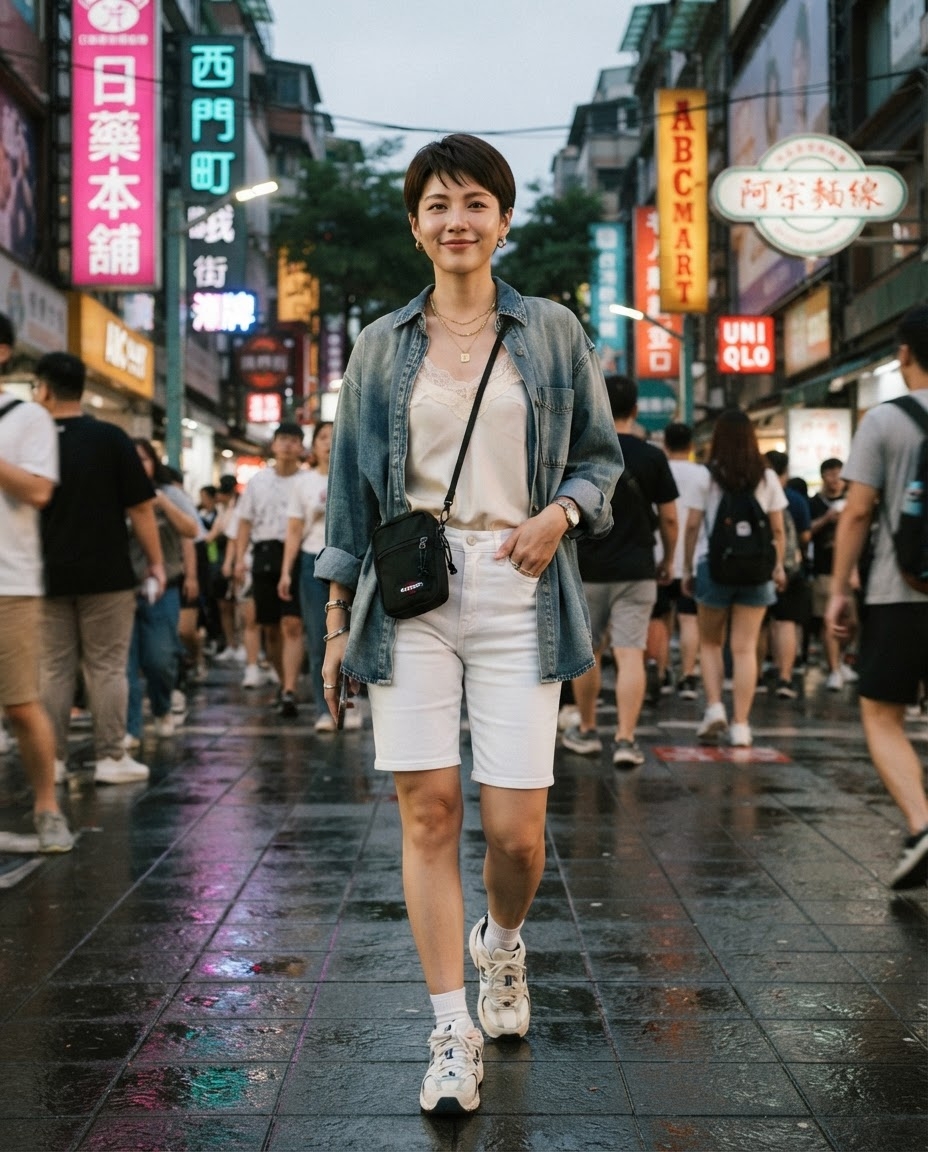 SKIPIKS AI 패션 화보 — casual, streetwear — 데님 셔츠와 화이트 아이템의 조화가 매력적인 캐주얼한 여름 룩이에요. 레이스 탑으로 여성스러움을 더하고, 크로스백과 스니커즈로 실용적인 느낌을 