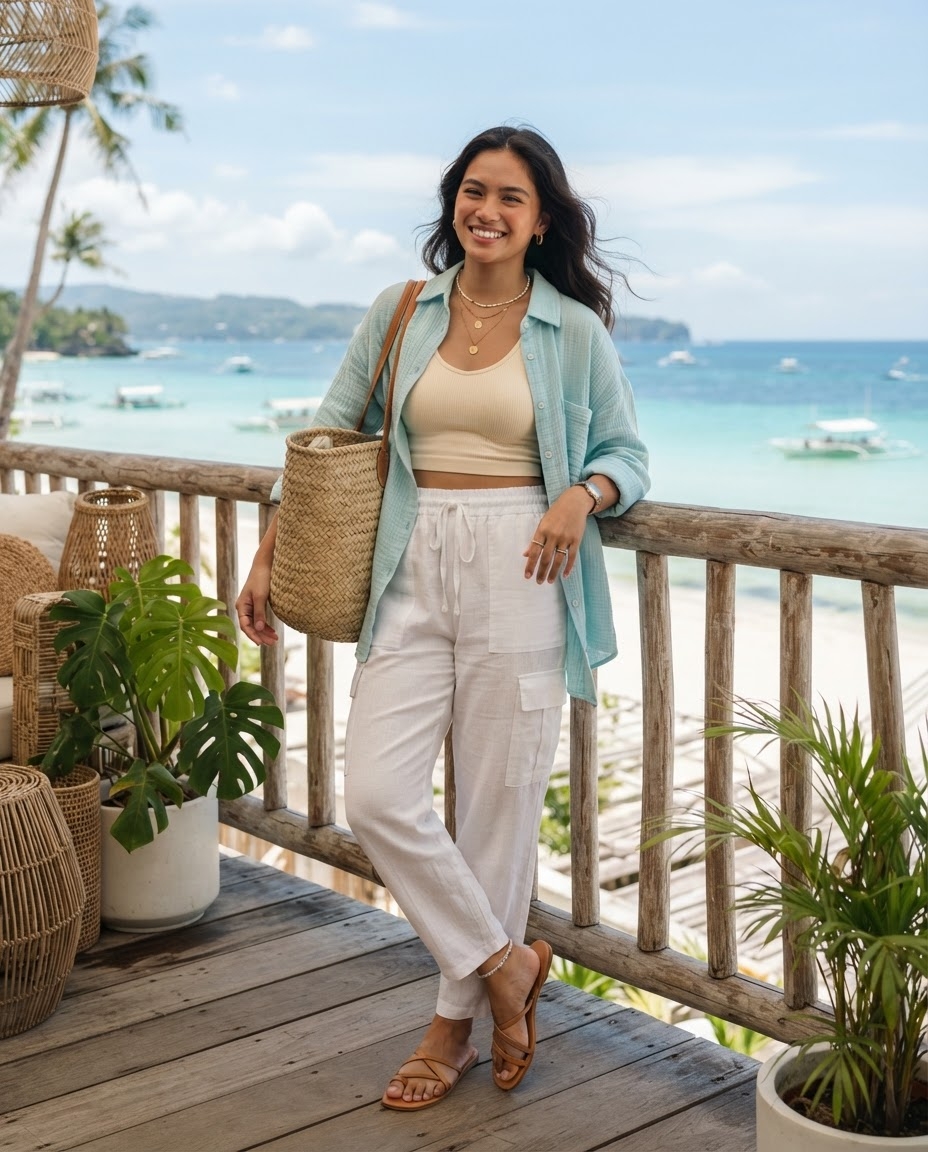 SKIPIKS AI fashion editorial — beachwear, casual, feminine — The bright sky-blue shirt paired with a beige crop top creates a refreshing summ