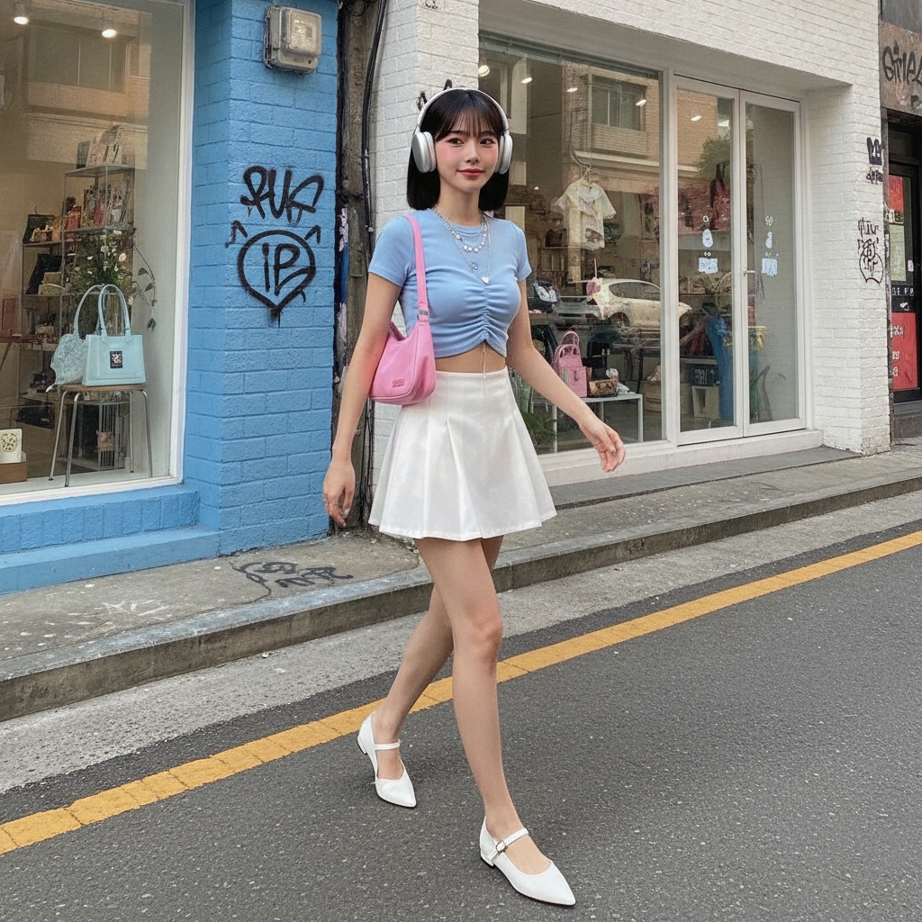 SKIPIKS AI fashion editorial — feminine, playful, streetwear — This style features a refreshing combination of a cool blue crop top and a white