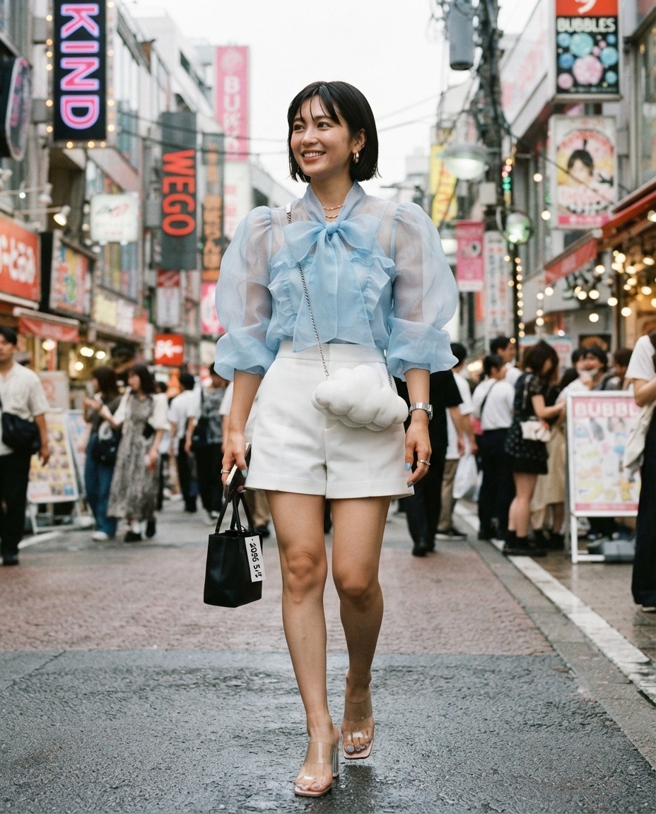 SKIPIKS AI时尚大片 — feminine, streetwear — 天空蓝的透视衬衫强调了女性化和活泼的感觉。搭配云朵包增添俏皮可爱的点缀，再加上透明凉鞋，带来清爽的夏日气息。非常适合日常穿着，也推荐用于散步或咖啡约会。