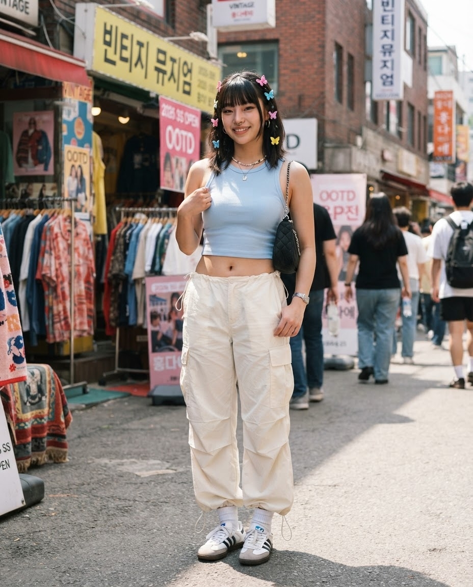 SKIPIKS AI 패션 화보 — streetwear, feminine — 하늘색 크롭탑과 아이보리 카고팬츠가 조화를 이루며 청량한 여름 스트릿룩이 완성됩니다. 버터플라이 헤어클립으로 발랄한 포인트를 주고, 퀼팅숄더백으