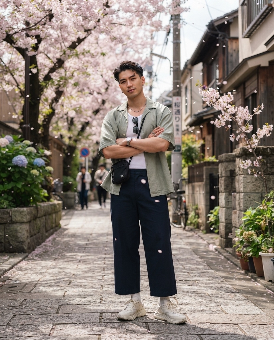 SKIPIKS AI时尚大片 — minimalist, streetwear, casual — 一件柔和的浅绿色衬衫为春日增添了清新感。推荐搭配海军蓝裤子和奶油色运动鞋，形成干净的色彩搭配。这套搭配非常适合城市散步或与朋友悠闲的早午餐。