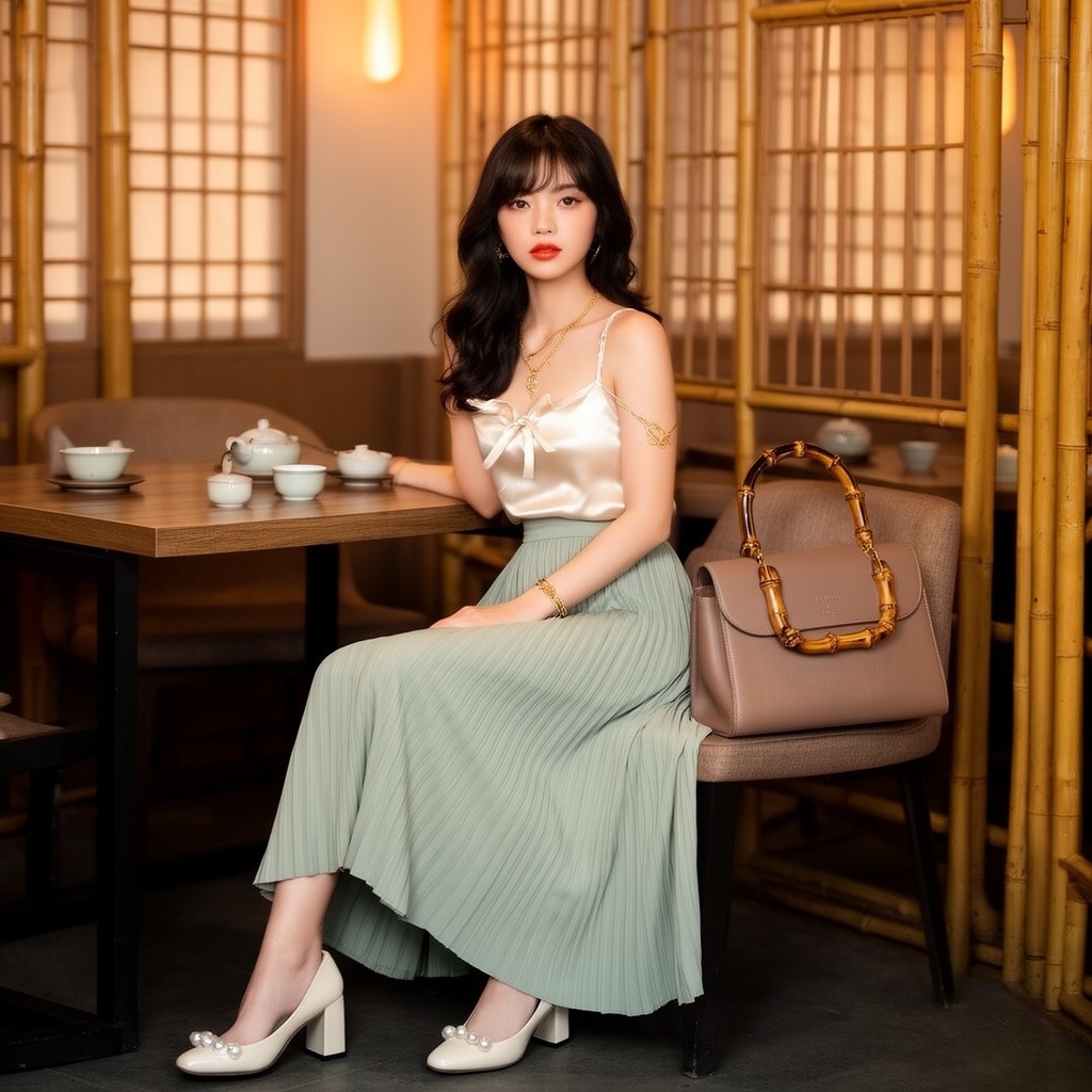 SKIPIKS AIファッション写真 — feminine, chic — 優雅なシルエットと柔らかな色合いが調和したフェミニンなスタイルです。サテンリボンのトップとミントのプリーツスカートの組み合わせは高級感を加え、シンプルなゴールド
