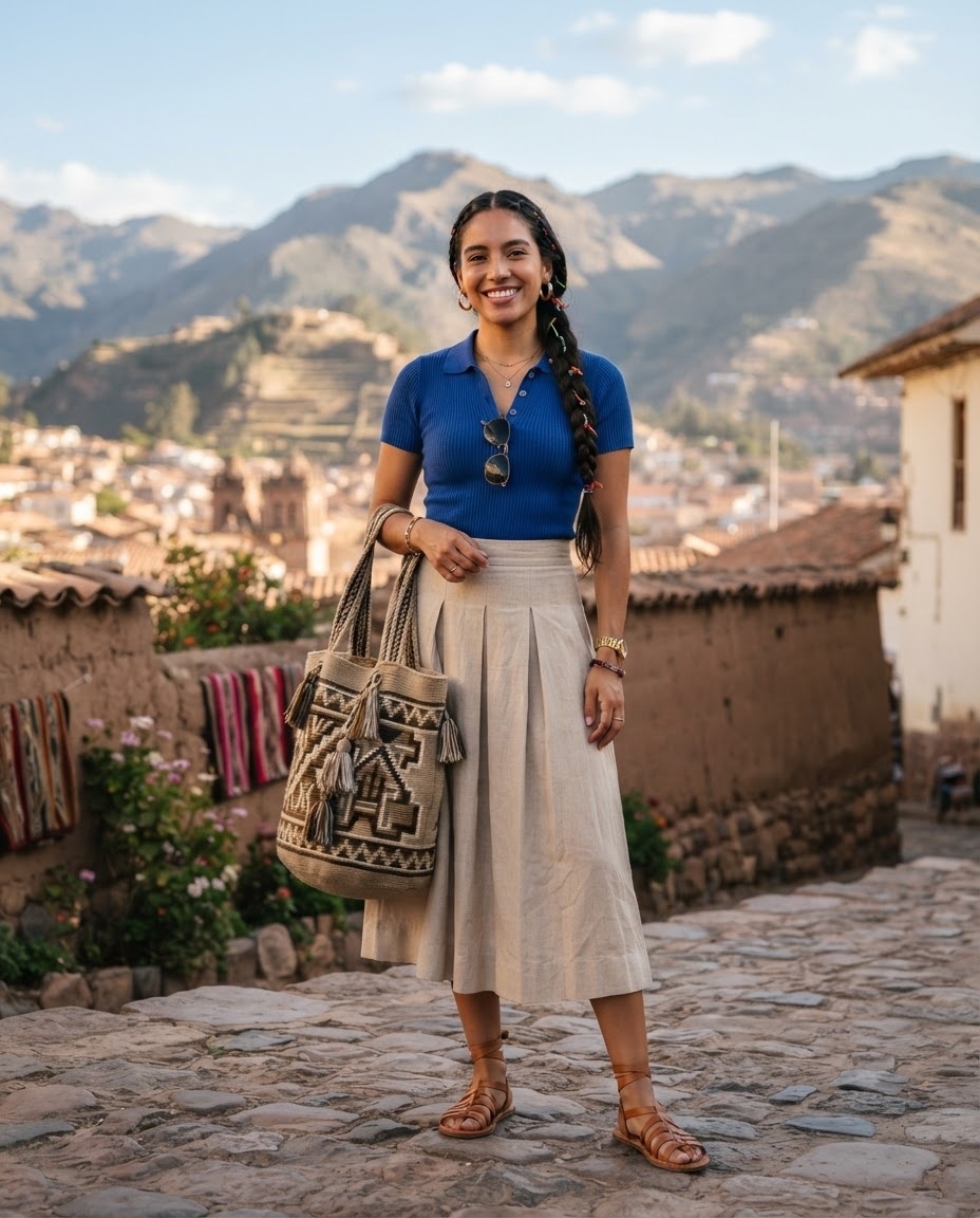 SKIPIKS AI fashion editorial — casual, bohemian, chic — A blue knit serves as the focal point in a bright and cool summer outfit. Pair i
