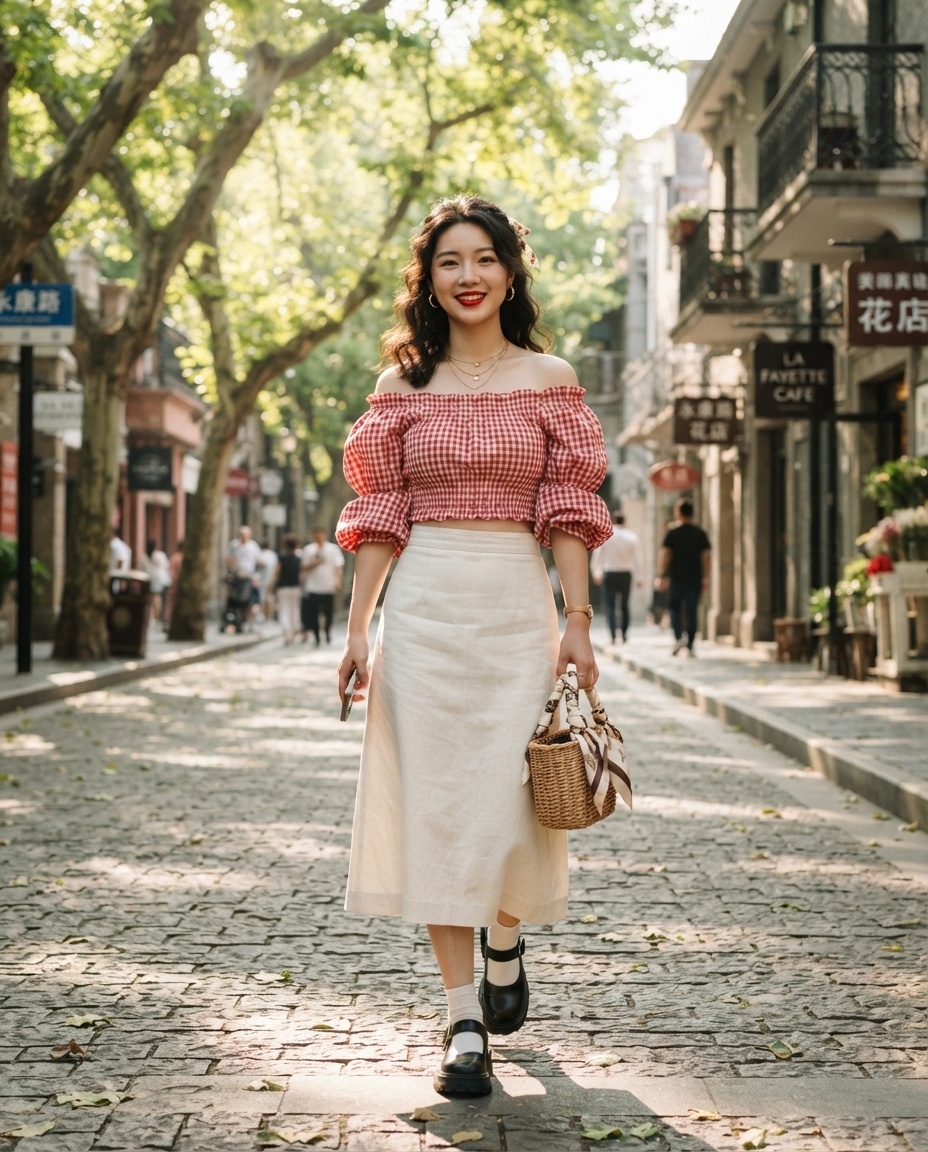 SKIPIKS AI 패션 화보 — romantic, vintage, feminine — 레드 체크 패턴의 오프숄더 블라우스와 아이보리 롱 스커트가 어우러져 로맨틱한 무드를 연출해보세요. 메리 제인 슈즈와 라탄 백으로 빈티지한 감성을