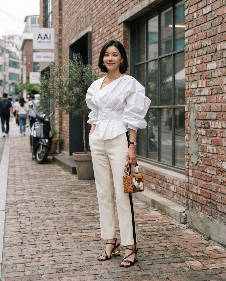 SKIPIKS AI 패션 화보 — feminine, chic — 화이트 블라우스의 볼륨감이 돋보이는 세련된 룩입니다. 블랙 라인 디테일이 있는 베이지 팬츠와 라탄 백의 조화가 우아함을 더합니다. 여름에 오피스