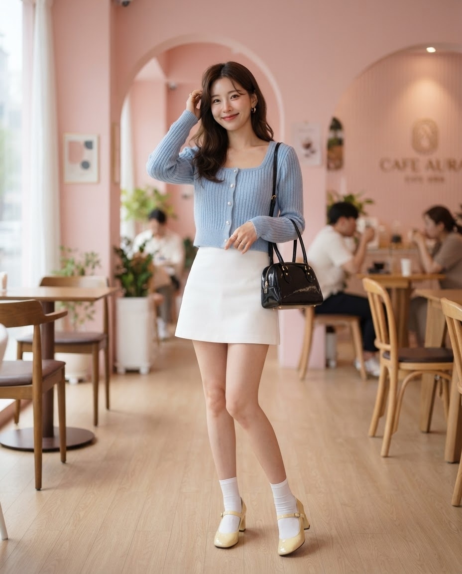 SKIPIKS AI fashion editorial — feminine, cute — The combination of a blue knit cardigan and a white mini skirt exudes a fresh sp