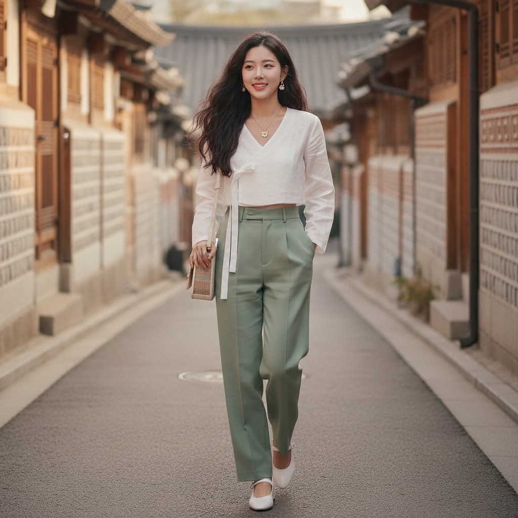 SKIPIKS AI 패션 화보 — minimalist, feminine — 청량한 봄날과 잘 어울리는 맑은 색감이 돋보이는 룩이에요. 상큼한 흰색 랩 블라우스와 부드러운 녹색 슬랙스가 자연스럽게 매치되어 세련미를 더해줍