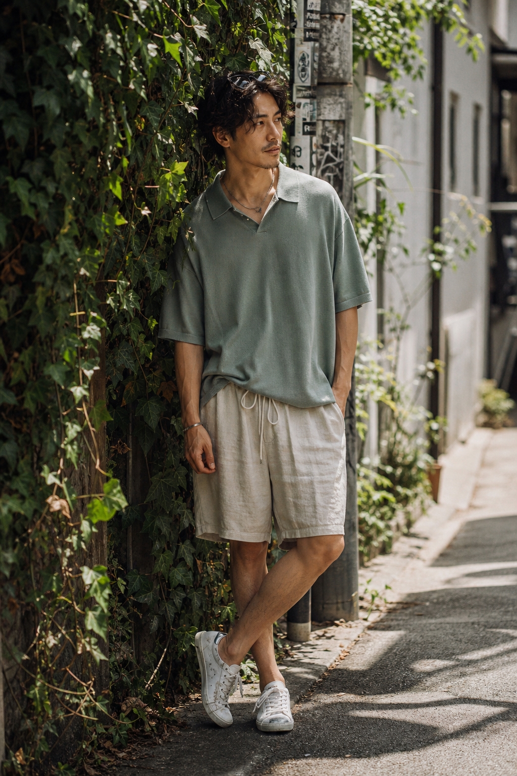 SKIPIKS AIファッション写真 — casual, summer, streetwear — ミント色のポロシャツとベージュのショートパンツが組み合わさった涼しげな夏のスタイルです。ホワイトスニーカーを合わせることで、すっきりとした日常スタイルが完成しま