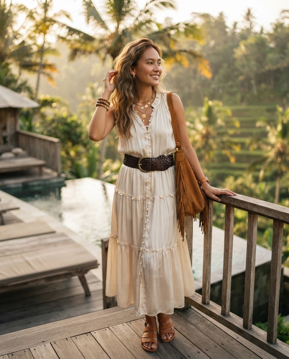 SKIPIKS AI 패션 화보 — bohemian, casual, resort — 자연스러움과 빈티지 감성이 돋보이는 보헤미안 스타일의 여름 원피스 룩입니다. 갈색 프린지 가방과 샌들이 따뜻한 색감과 조화를 이루며 여유로운 리